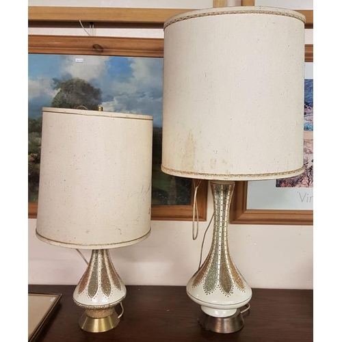 479 - Pair of 1970's Graduated Pottery and Brass Table Lamps with original shades (tallest 33.5in)