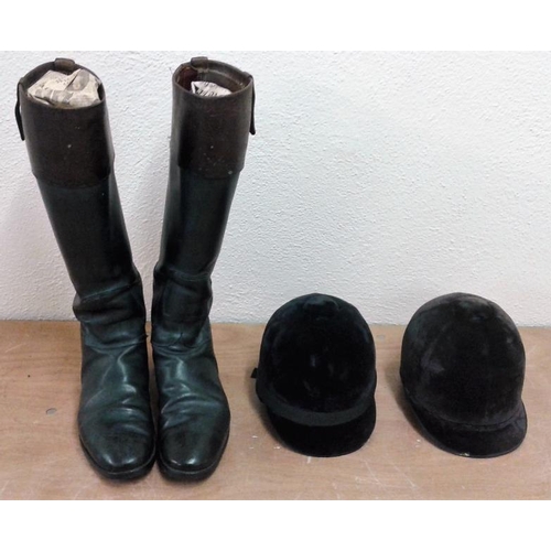 486 - Two Children's Hunting Caps (Lockes, Dublin) and a Pair of Riding Boots (size 9)