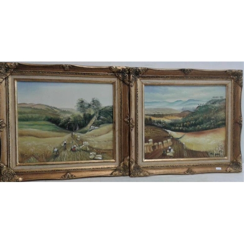 528 - Pair of Signed OOC in Gilt Frames - Harvest Scenes - Overall c. 19 x 21.5ins