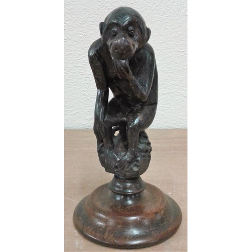 534 - Figure of Monkey on Wooden Plinth - c. 9.5ins tall