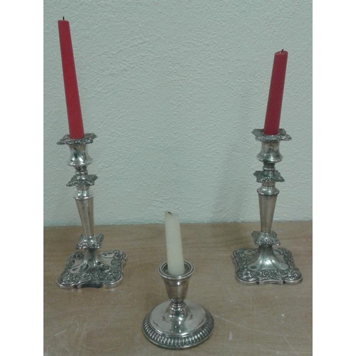 573 - Pair of Ellis Pattern Plated Candlesticks and a Single Plated Piano Candlestick