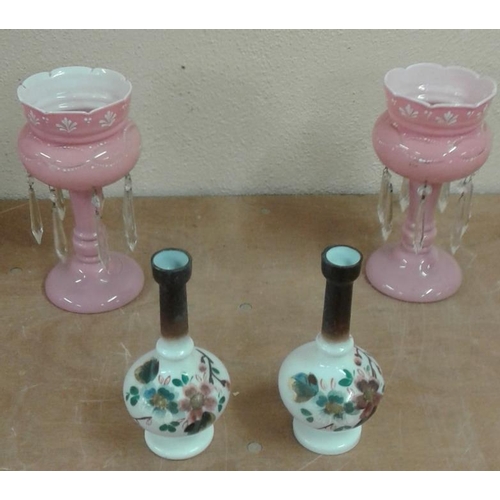 580 - Pair of Old Bristol Pink Cased Glass Lustres and a Pair of Painted Bristol Milk Glass Vases