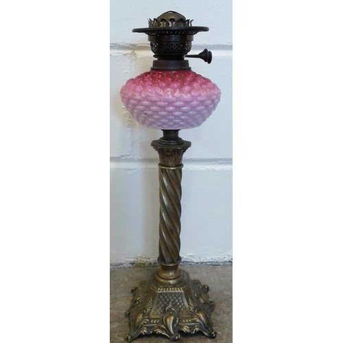 581 - Oil Lamp on Brass Base with Pink Bowl - c. 21ins tall