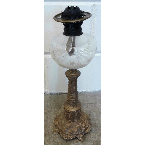 584 - Oil Lamp on Gilt Base with Clear Bowl - c. 20ins tall