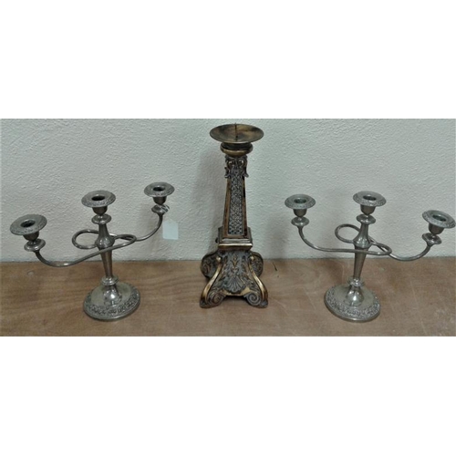 586 - Pair of Silver Plate Candelabra and Gilt Candlestick