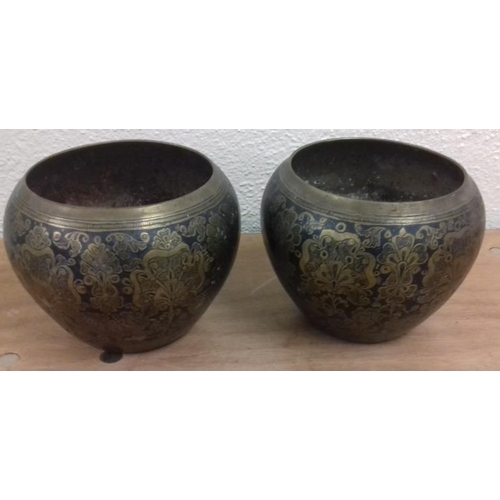 589 - Pair of Engraved Brass Pots