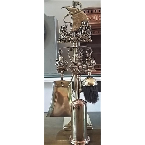 640 - Vintage Brass Fireside Companion Set with ship designs