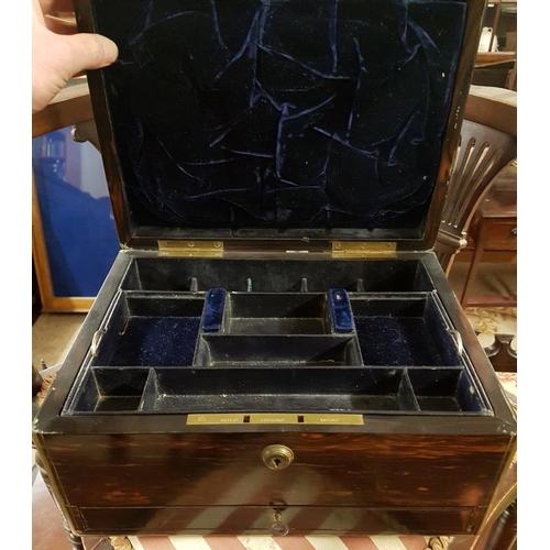 664 - Coramandel Wood and Brass Bound Lady's Jewellery Box, c.12in wide, 7in tall