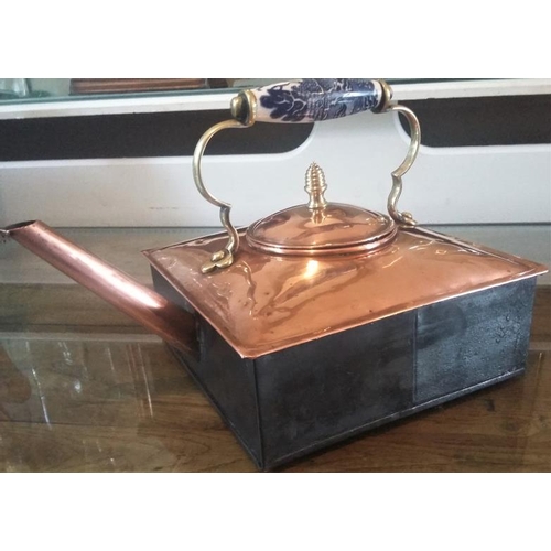 668 - Vintage Square Copper Kettle with ornate Ceramic Handle - 8