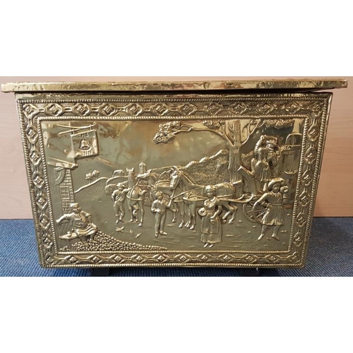 682 - Polished Brass 'Tavern' Scene Fireside Fuel Box, c.18in wide