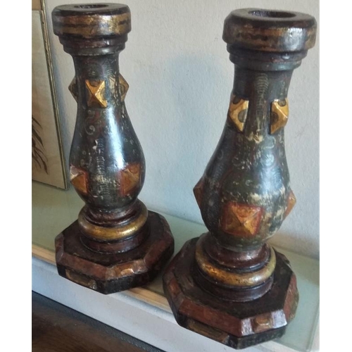 523 - Pair of Large Antique wooden ornate Candlestick Holders, c.15in tall