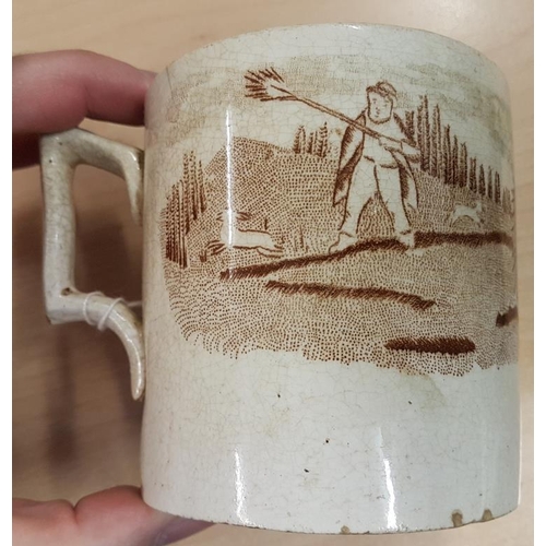 606 - 1st Period Belleek 'Hunting' Mug with Human being chased by a Bull, etc.