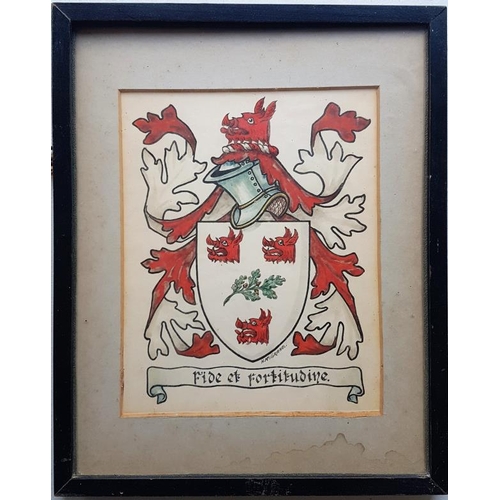 514 - Watercolour Coat of Arms of the Barton Family of Ballyline, Co. Kilkenny with Ulster Office Brand da... 