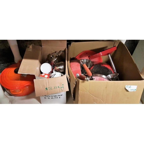 39 - Box of Red Kitchen Utensils to include Whistling Kettle, Lidded Pan, Le Creuset etc.