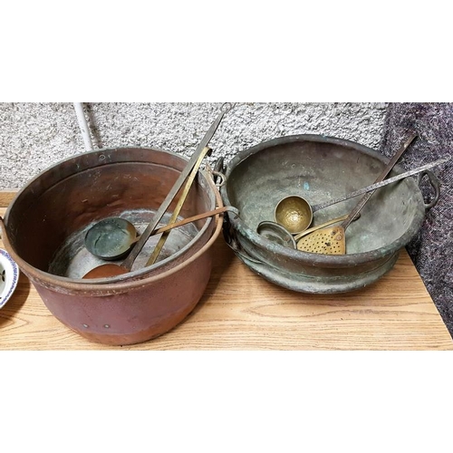 89 - Two Large Copper Pots and various ladles