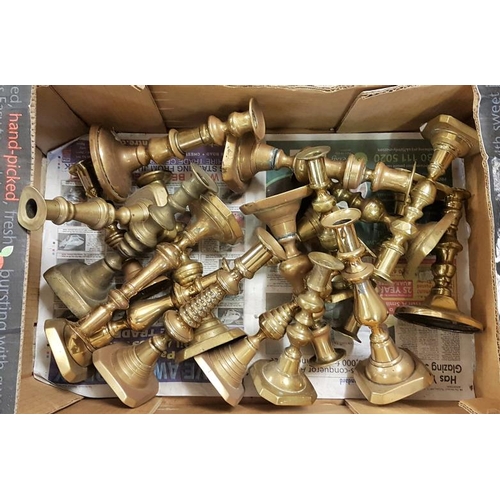 115 - Large Collection of Antique Brass Candlesticks (some pairs)