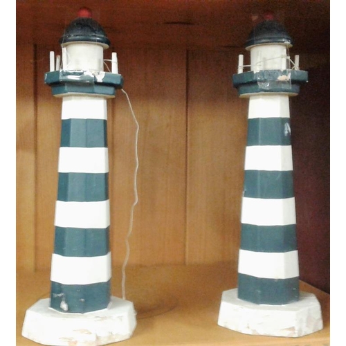 611 - Nautical Theme Barometer and Clock and a pair of Wooden Lighthouse Candlesticks