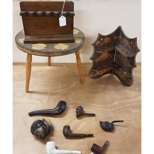 626 - Irish Pokerwork 3-leg Stand, Pipe Racks, Smoking Pipes, etc.