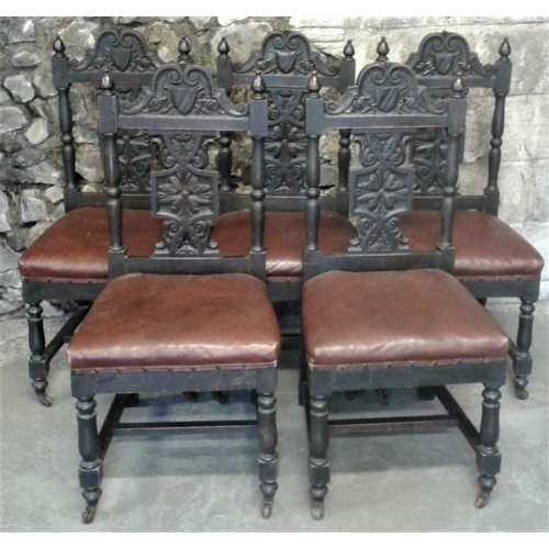 666 - Set of Five Victorian Carved Oak Dining Chairs