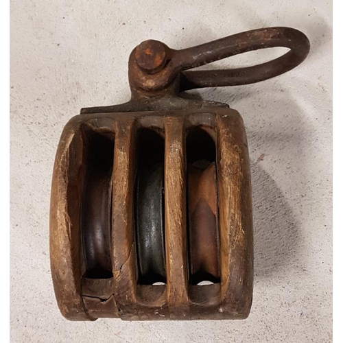 34 - Heavy Wood and Metal Bound Pulley Block, c.16in tall