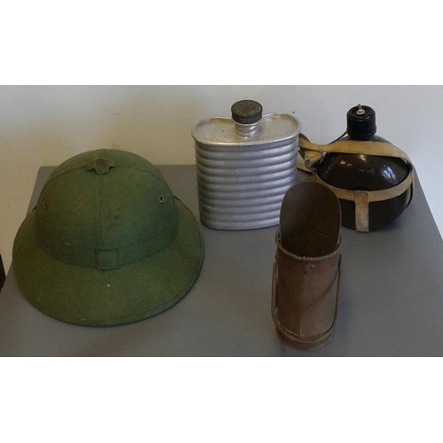 107 - Explorer's Helmet, 2 Water Bottles and a Piece of Trench Art