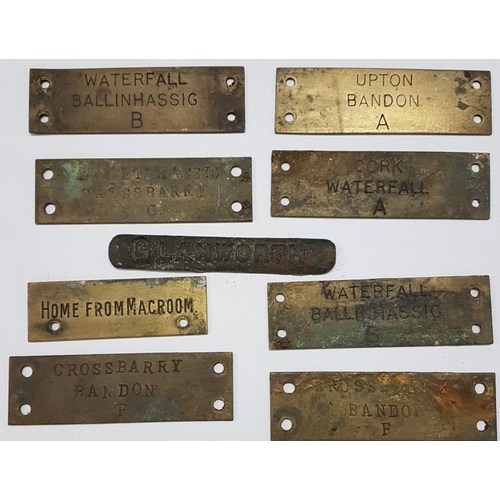 196 - Collection of Nine Cork Railway Brass Staff Badges, Waterfall, Ballinhassig, Upton, Bandon, Crossbar... 