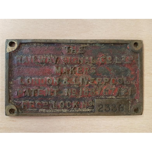 212 - Small Bronze Plaque - The Railway Signal Co Ltd Makers, London and Liverpool, Patent No.188767/21 Re... 