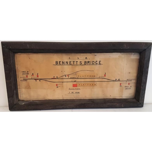 268 - Original Hand Drawn and Coloured G.S.R. Bennetts Bridge Station Diagram within a pine frame c.34.5 x... 