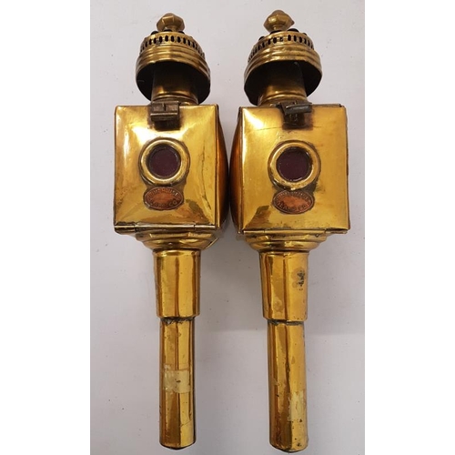 274 - Good Original Pair of Brass Pagoda Top Carriage Lamps by Limehouse Lamp Co., c.17in