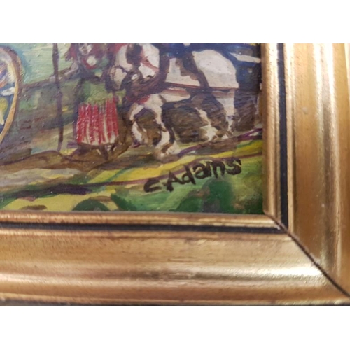 304 - C Adams, Oil on Board Painting of Horse Drawn Gypsy Caravans, within a gilt frame c.17 x 12cm