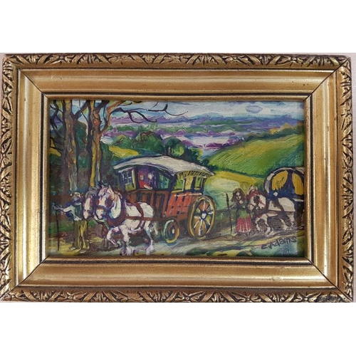 304 - C Adams, Oil on Board Painting of Horse Drawn Gypsy Caravans, within a gilt frame c.17 x 12cm