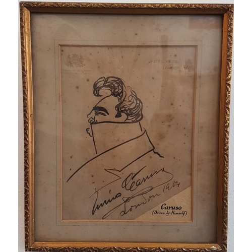 306 - Enrico Caruso Signed Self Caricature on Hotel Cecil, London headed paper, dated 1904, with related n... 