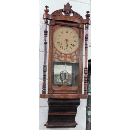 307 - American Drop Dial Inlaid Wall Clock (working) - 39ins tall