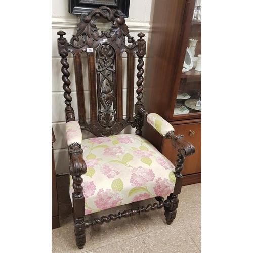 325 - Antique Carved Oak Throne Chair with Contemporary Rose Upholstery