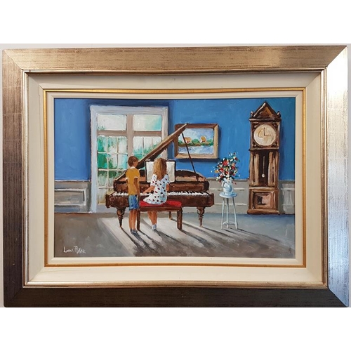 354 - Lorna Millar, Piano Lesson, oil on board, frame c.41 x 31in