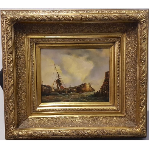 381 - Decorative and Gilt Frame Picture of a Sailing Boat in a Harbour, overall c.19.5 x 17in