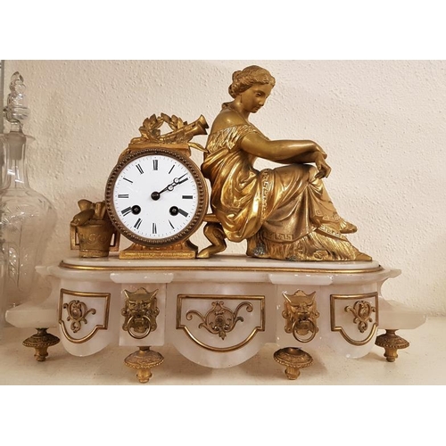 421 - Antique French Gilt Metal and Marble Mantle Clock with Lady Figure, c.16.5 x 12in (lacks pendulum)