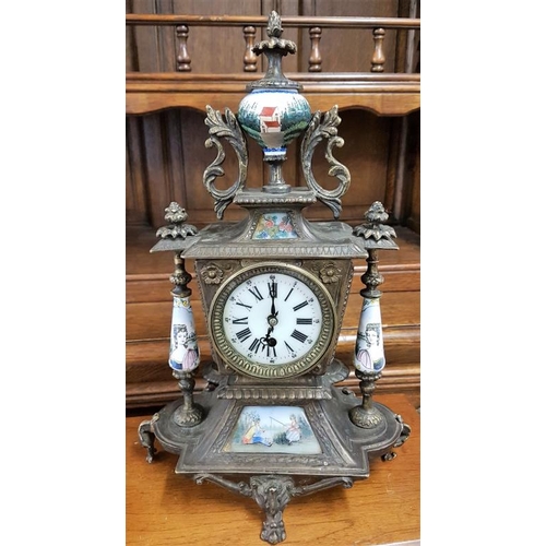 422 - Vintage Mantle Clock with porcelain detail, c.10.5 x 15in