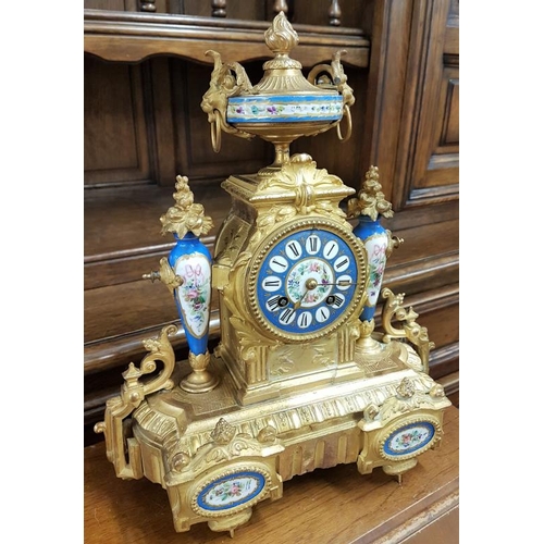 424 - Highly Decorative French Gilt Metal Mantle Clock with enamel dial and porcelain panels, c.12 x 14in ... 