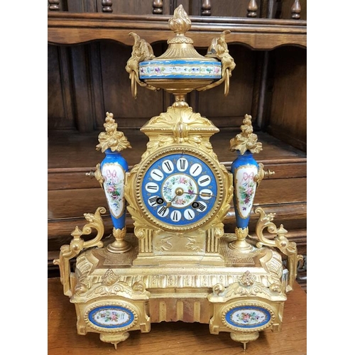 424 - Highly Decorative French Gilt Metal Mantle Clock with enamel dial and porcelain panels, c.12 x 14in ... 