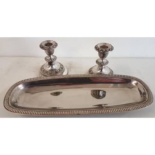 445 - Pair of Silver Plated Candlesticks and a card tray