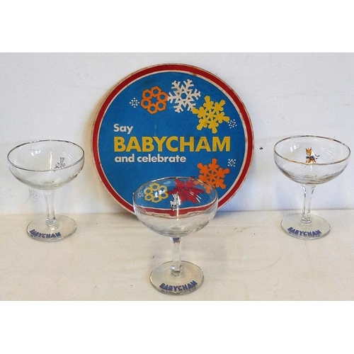 446 - Three Babycham Glasses and Matching Coaster/Mat