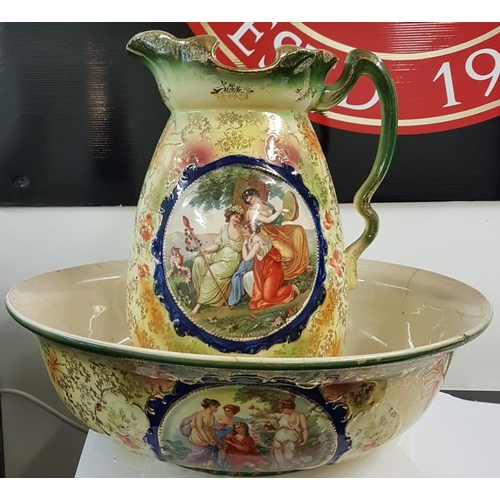 475 - Edwardian Transfer Printed and Painted Basin and Ewer