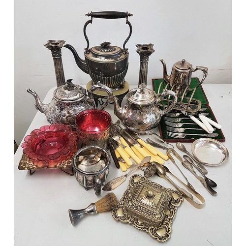 485 - Good Collection of Silver Plated Items, candlesticks, spirit kettle etc