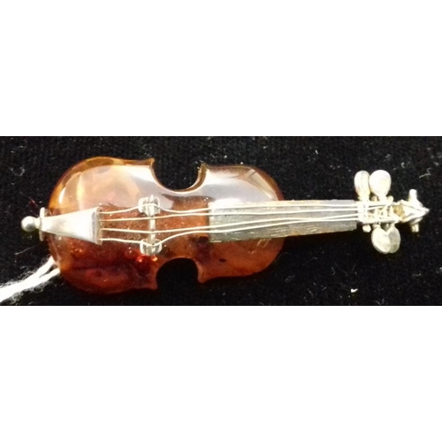 524 - Silver and Amber Brooch in the form of a Violin