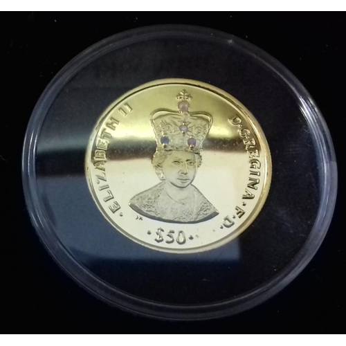 540 - 24ct Sierra Leone $50 Coin - Limited Edition of 999 with Diamond, Ruby, Sapphire and Pearl