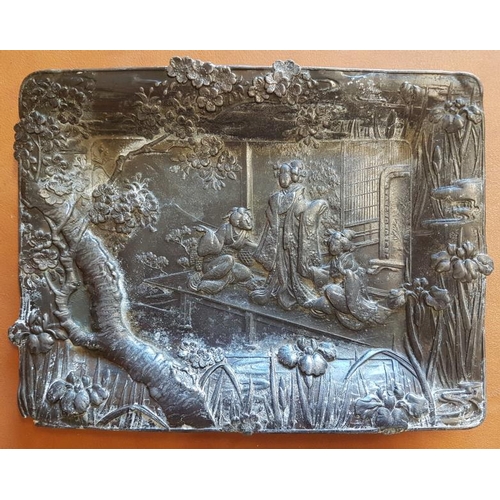 549 - Highly Decorative Antique Chinese Pin Tray, pewter, c.7.5in x 5.5in