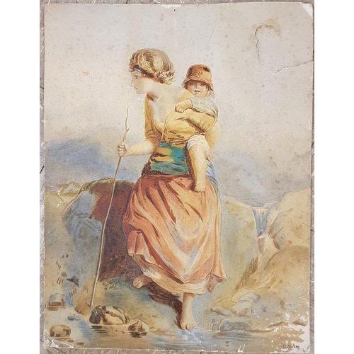 580 - Unframed Watercolour of a peasant woman and child, signed E Walker, c.14 x 17.5in