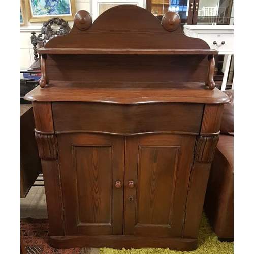 594 - Victorian Pitch Pine Chiffonier with a carved gallery over one shelf and a base with a serpentine sh... 