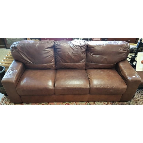 595 - Brown Leather Three Seat Couch, c.7ft